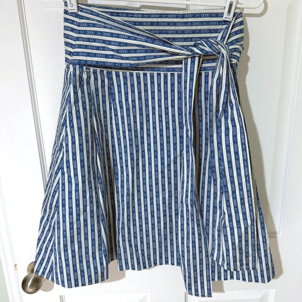 Tory Burch Blue White Striped Chain Print Wrap Skirt Size 2 High Waist Pockets